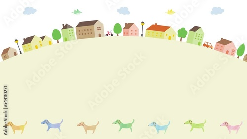 街並みと犬のイラストのお散歩イメージ背景（20秒ループ）