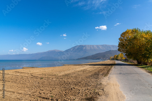 view of Pogradec Beach and mountains on the southern shores of Lake Ohrid in Albania