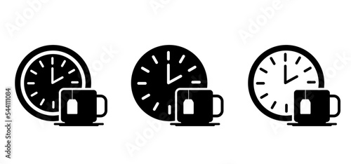 Cartoon clock and coffee tea time. Flexible working hours or work time. Pause, business, office. Work, life balance concept. flex time worker, having option. coffee time, time for break or timeout.