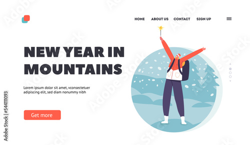 New Year in Mountains Landing Page Template. Woman Celebrate Christmas on Rock Peak with Sparklers Vector Illustration
