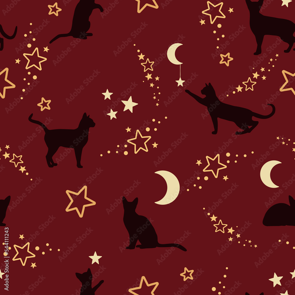 Koty bawiące się gwiazdkami i księżycem. Magiczna scena nocna. Ilustracja wektorowa na ciemnym tle. Powtarzający się wzór. - obrazy, fototapety, plakaty 