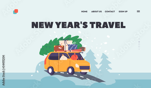 Loving Male and Female Characters Winter Road Journey Landing Page Template. Couple Travel for Christmas on Car