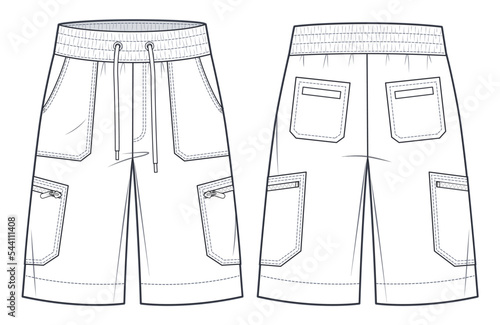 Men's Cargo Shorts technical fashion Illustration. Short Pants fashion flat technical drawing template, front and back view, pockets, elastic waistband,  white, unisex CAD mockup set.