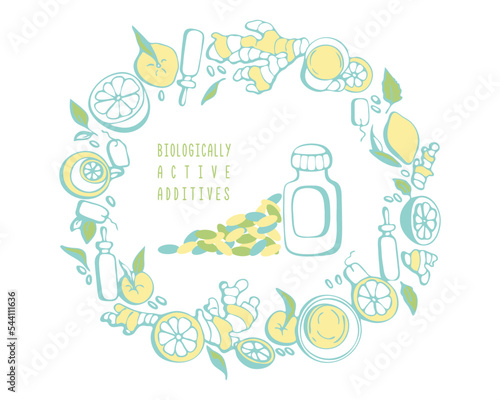 Biologically Active Additives BAA Dietary supplements, bottle with set of vitamins, antioxidant tablets capsules, doodle round hand drawn elements.