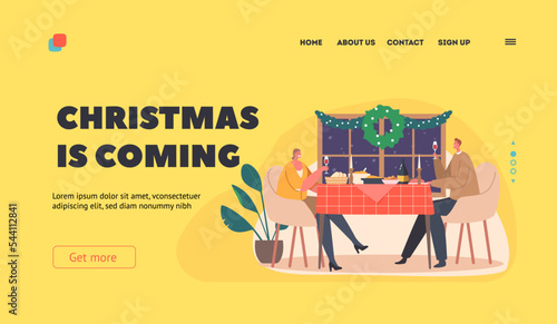 Fototapeta Naklejka Na Ścianę i Meble -  Romantic Date for Christmas Landing Page Template. Happy Loving Couple Characters Dating at Home Vector Illustration
