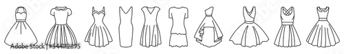 Women dress icon. Black linear dress icons set. Vector illustration. Female fashion concept