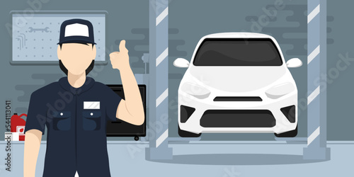 Human professional car repair service in garage, Vector illustration.