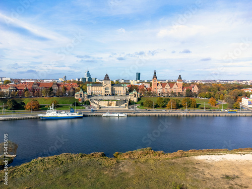 Szczecin from a bird's eye view. Aerial view. Buildings, architecture, river, city, aerial view. Photo from a drone.