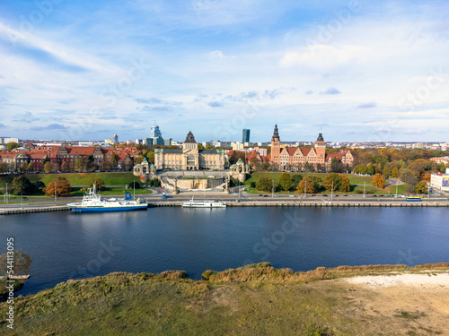 Obraz na płótnie Szczecin from a bird's eye view. Aerial view. Buildings, architecture, river, city, aerial view. Photo from a drone. w salonie