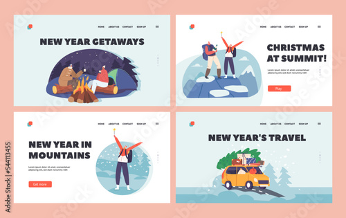 Couple Travel for Christmas Holidays Landing Page Template Set. Male and Female Characters on Winter Vacation