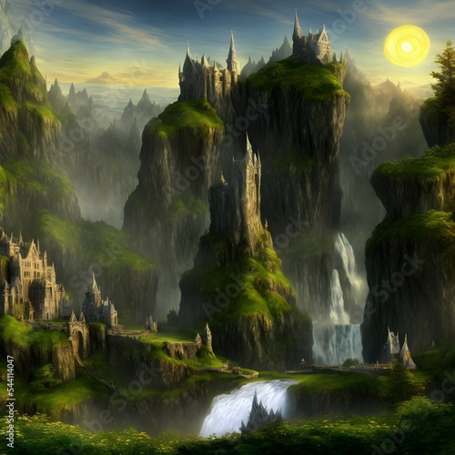 Elven castle on a Cliff 3d render 3d illustration