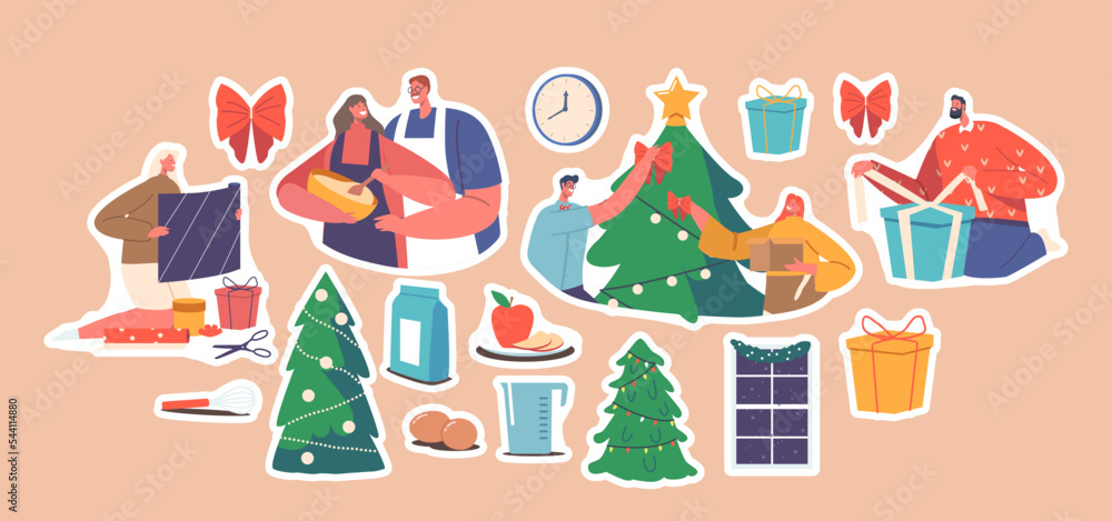 Set of Stickers Young Couple Celebrate Christmas Holiday Packing Gifts, Cooking and Decorate Fir Tree, Happy Characters