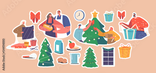 Set of Stickers Young Couple Celebrate Christmas Holiday Packing Gifts  Cooking and Decorate Fir Tree  Happy Characters