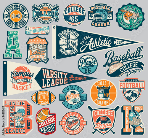 Cute vector collection of college sports athletic department badges and flag for children wear print or embroidery