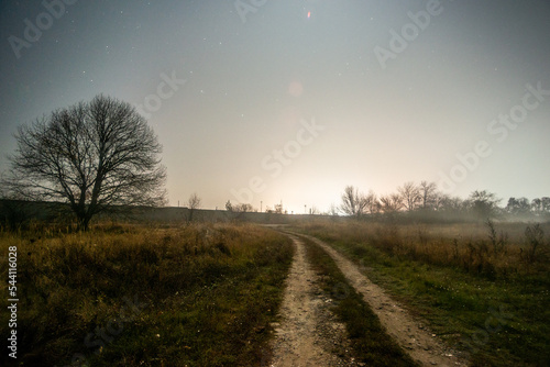 sunrise in the countryside forest in the night . Night landscape. Nightsky and clouds . Stars in the sky . Lights of the city . 