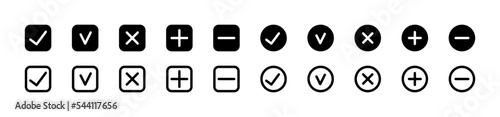 Checkmark icon. Vote mark symbol. Plus and minus. A tick in squares and circles. Vector sign.