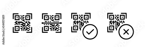 Qr code icon. Scanning code symbol. Done and cancel scanner icons. Vector sign.