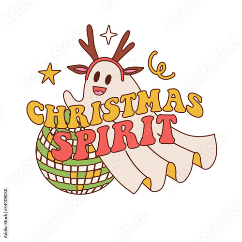 Retro 70s 60s Hippie Groovy Christmas spirit. Sublimation print template with Ghost character with mirror ball and funny text isolated on white. Xmas White sheet spook with Deer antlers. Vector design