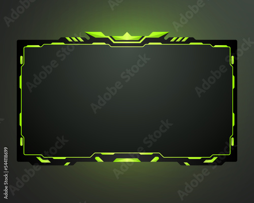 Live stream overlay webcam interface frame template with neon green lights background