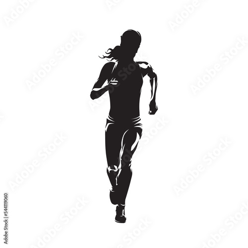 Running woman, abstract isolated vector silhouette, ink drawing. Female runner, front view