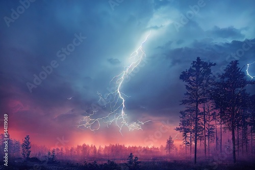 Thunderstorm over a tree in blue and purple light