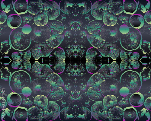 Colorful abstract psychedelic mushrooms background seamless pattern