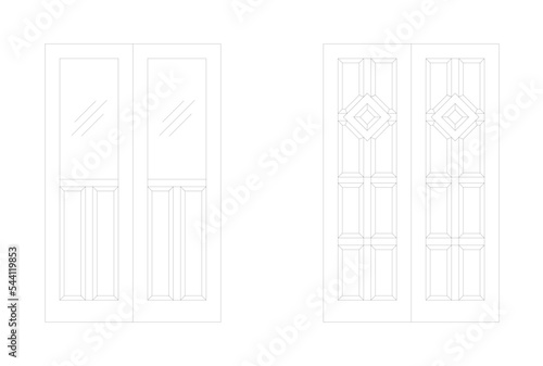 Decorative timber door drawing in 2D and in black and white. The elevation view and the drawing were produced using CAD. Doors consist of single and double swing types.