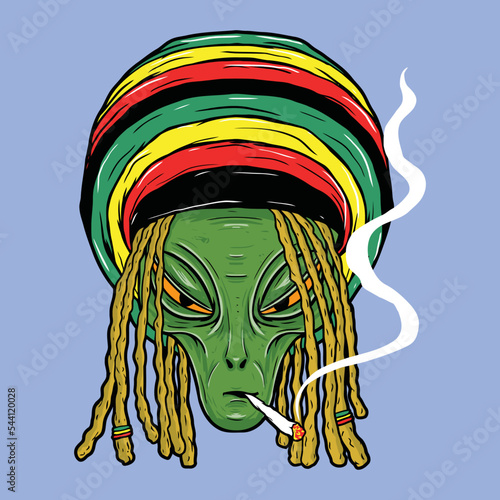 Alien wearing rasta hat smoking vector