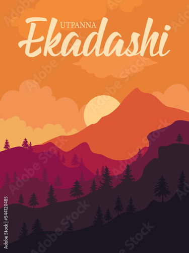 Indian event Utpanna Ekadashi banner template. Sunrise over the mountains.