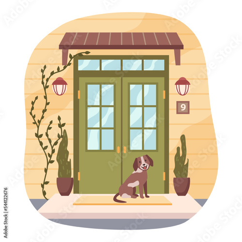 Entrance door to house, isolated porch with houseplants, number of home and puppy sitting on mat. Building exterior and front view of apartment. Vector in flat style