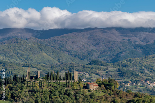 Panoramic view of the ancient castle of Romena and surroundings, Arezzo, Italy