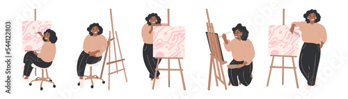 Collection of Young Woman painter,  siting at easel in various position. Cartoon flat vector illustration. Hobby, art studio concept.
