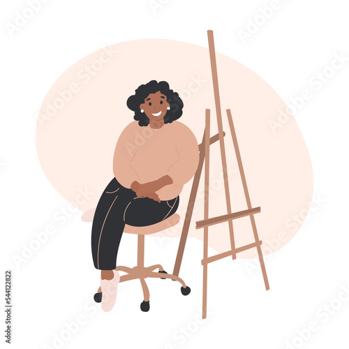 Black woman artist sitting at easel, cartoon flat vector illustration. Hobby, art studio concept. Young woman painter sit near easel.