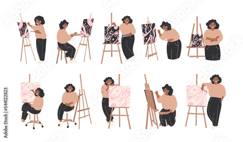 Set of Black Woman Character siting at easel in various position. Cartoon flat vector illustration. Hobby, art studio concept.