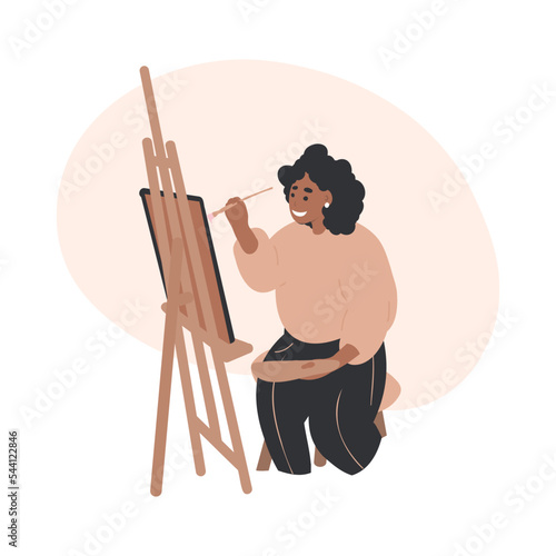 woman artist painting on an easel, cartoon flat vector illustration. Hobby, art studio, art classes concept. Young woman artist sit near easel and paints her painting.