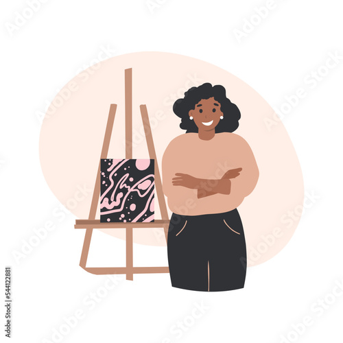 Black woman artist stands near the easel, cartoon flat vector illustration. Hobby, art studio concept.