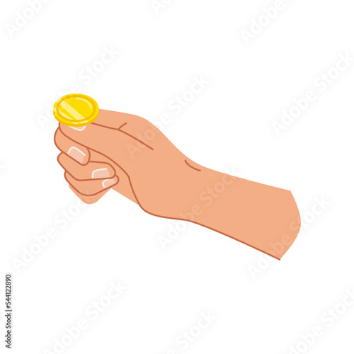 Coin in hand, isolated arm throwing or tossing gold money up. Occasion or chances, betting or paying with cash earnings. Vector in flat cartoon styles