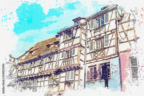 Watercolor painting street view of beautiful Colmar village, Alsace, France.