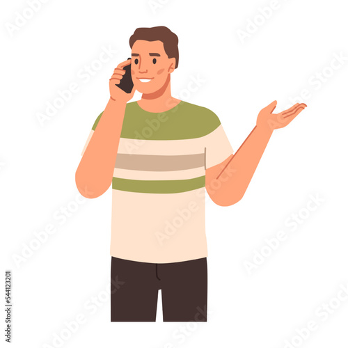 Male character talking on phone, business person discussing matters on smartphone. Guy gesturing and explaining in conversation via cell. Vector in flat cartoon style