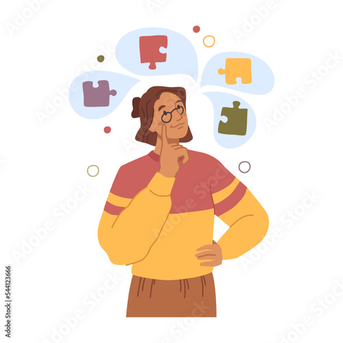 Autistic type thinking or mindset, isolated female personage thinking on details. Reflecting on puzzle pieces. Cartoon character, vector in flat style