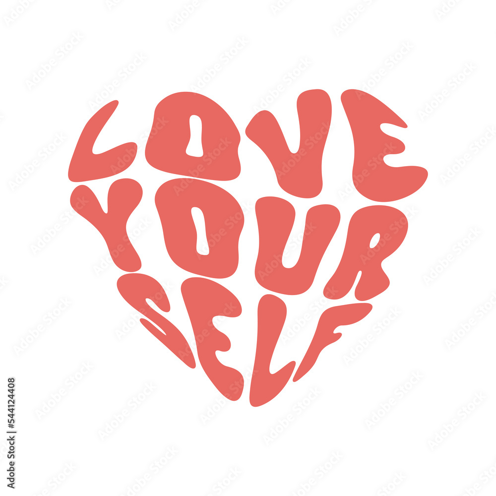 Love Yourself retro slogan in heart shape isolated on a white background. Vintage inspirational text for t shirt, poster, sticker, card, blog, cosmetics. Trendy vector illustration. Love Yourself retro slogan in heart shape isolated on a white background. Vintage inspirational text for t shirt, poster, sticker, card, blog, cosmetics. Trendy vector illustration.