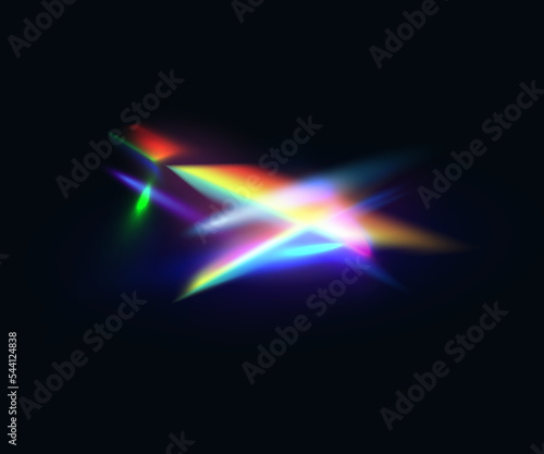 Diamond light flare, rainbow crystal light leak flare reflection effect. Vector colorful optical lens or lights beam, flare leak overlay streak. Glowing spectrum glare