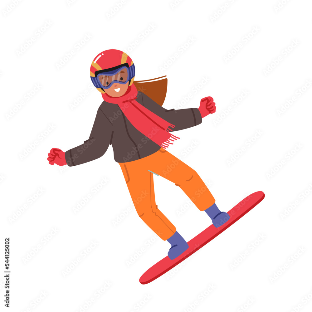 Fototapeta premium Little Girl Snowboarder Character Jumping on Snowboard Isolated on White Background. Snowboarding Winter Sport Activity