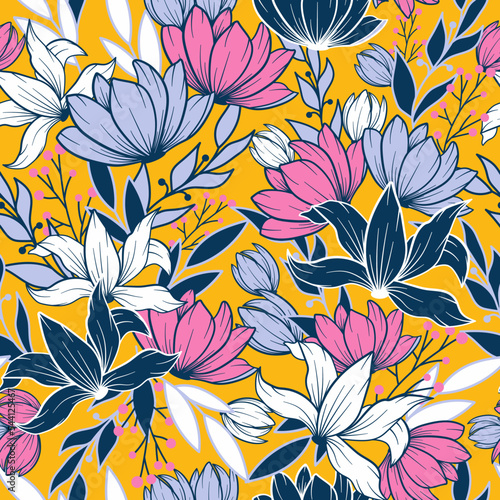 Abstract seamless tropical pattern with bright plants and flowers on a yellow background. Beautiful print with hand drawn exotic plants. Seamless pattern with colorful leaves and plants.