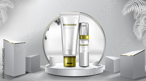 Cosmetic tube and realistic bottle at stage pedestal. Branding and packaging design template. vector illustration.