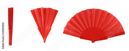 Red hand fan opening proces. Fold and unfold traditional hand fan