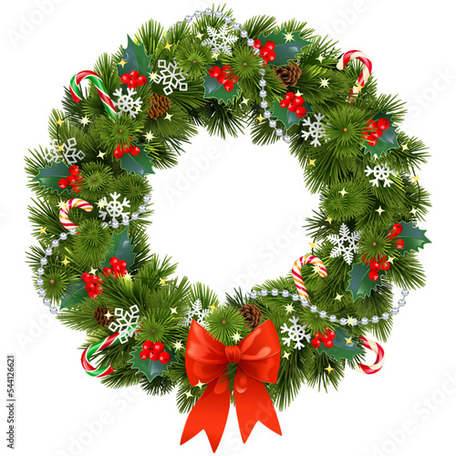 Vector Christmas Pine Fluffy Wreath with Red Berry