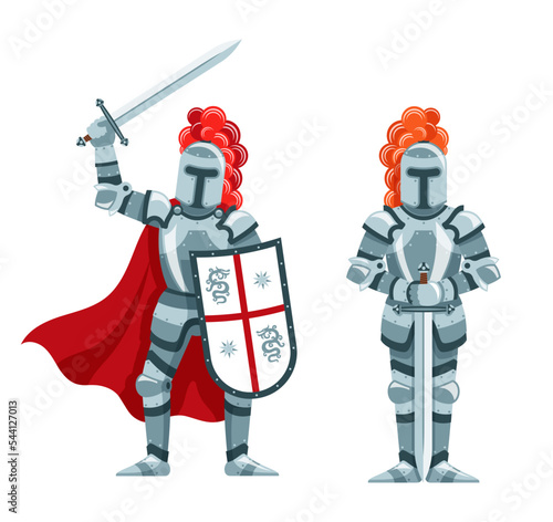 Knight in armor with sword and shield. Crusader in armor and cloak. Cartoon knight.