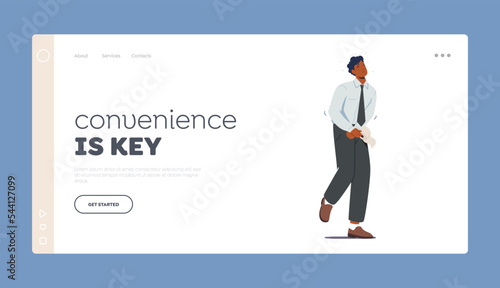 Convenience is Key Landing Page Template. Man with Toilet Paper in Hands Stand At Closed Toilet Door Want To Poo