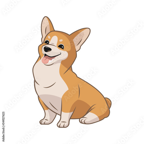 Cute corgi dog sitting and smiling with tongue stick out, fluffy puppy,  funny sweet adorable pet being a good boy, happy dog smile, cartoon style pedigree dog, lovely animal on white background